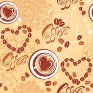 Seamless pattern with cups beans heart shapes calligraphic text COFFEE
