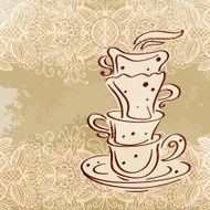 Sketch set coffee tea cups on floral pattern background