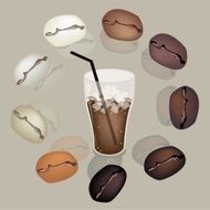 Coffee Beans Around Glass of Iced