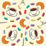 Seamless pattern with French macaroons croissants and black coffee