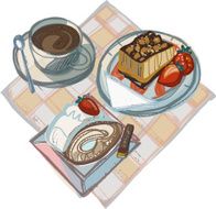 Coffee with Strawberry Cake Swiss Gateau and Chocolate