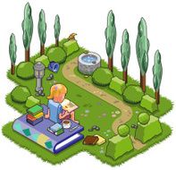 Blonde woman reading books in remote blooming garden (vector)