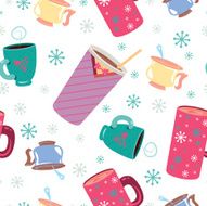 Winter pattern with cups of coffee and tea