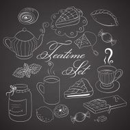 Handdrawn teatime set on black chalkboard