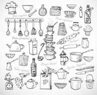 Big set of kitchen sketch utensils on white