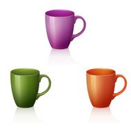 three colorful cups with reflection and shadow