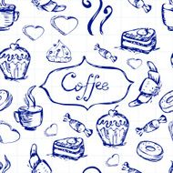 Sketch seamless pattern with coffee and sweets Vector illustration