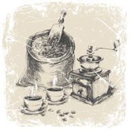 Vintage hand drawn coffee grinder and two cups of coffee