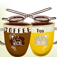 Cute vector background with cups of tea and coffee