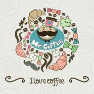 Circle shape made of coffee things Vector vintage background