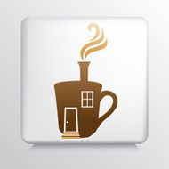 Square Icon with Brown Steaming Coffee House Silhouette