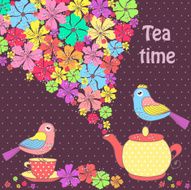 Beautiful pattern postcard with birds and a cup of tea