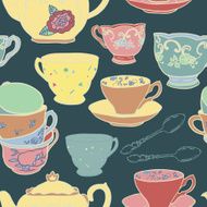 Vector seamless pattern with teapots teacups spoon N8
