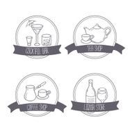 Hand drawn different beverage icon logos Doodle emblems with drinks