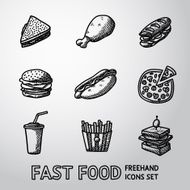 Set of freehand FAST FOOD icons - sandwich chicken hamburger