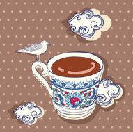 Turkish coffee cup with gull and clouds