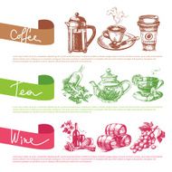 Vector set of coffee tea and wine sketch illustrations Menu
