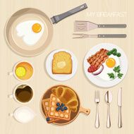 Desk with pan bacon and eggs toast butter coffee