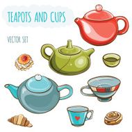 vector illustration set of teapots cups and buns