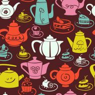 Coffee and tea seamless pattern Set of cakes teapots