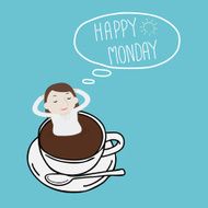Businesswoman thinking happy Monday on a cup - Vector
