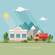 Truck delivery of goods roadside shop on a background mountains N5