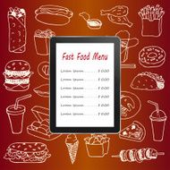 Fast Food menu with hand drawn doodle elements and tablet