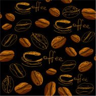 Seamless pattern with handdrawn coffee cups beans calligraphic text