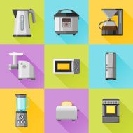 Set of household appliances flat icons with long shadow