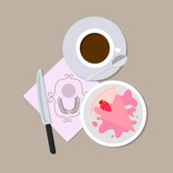 set coffee and cake with knife spoon on brown table