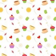 Hand drawn seamless pattern with cupcakes macaroons and teacups N2