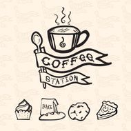 coffee station logo in doodle style include bakery icon
