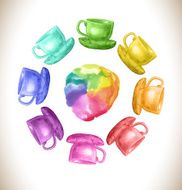 Watercolor rainbow vector frame with cups