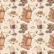 Seamless coffee mill latte and chocolate Watercolor pattern