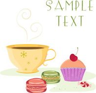 Vintage card featuring cup of tea cherry cupcake macaroons candy
