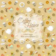 Coffee shop label on food and drink background