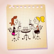 two girls drinking coffee note paper cartoon illustration