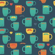 Seamless mustache &amp; mugs pattern Colorful cups on green back