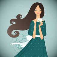 Girl with cup of tea on floral background N2