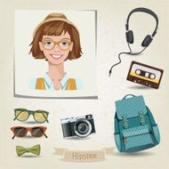 Icon set of hipster girl with her accessories