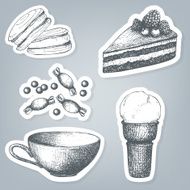 Vector set of stickers with hand drawn sweets