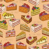 Seamless pattern with pieces of cakes pies in doodle style N2