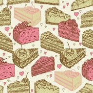 Seamless pattern with pieces of cakes pies in doodle style N3