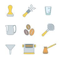 color outline coffee barista instruments icons set