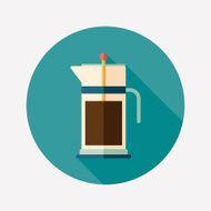 Glass coffee kettle flat round icon with long shadows