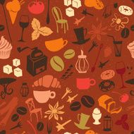 Seamless coffee pattern with latte cappuccino pies doughnuts