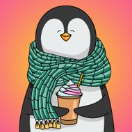 Happy penguin with scarf drinking coffee cream
