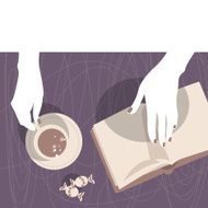 Hands with a cup and book Vector illustration
