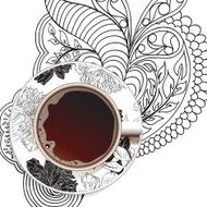 Realistic white cup of coffee on ornament and flower background