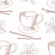 Sketched coffee cup with vanilla flower outline seamless pattern